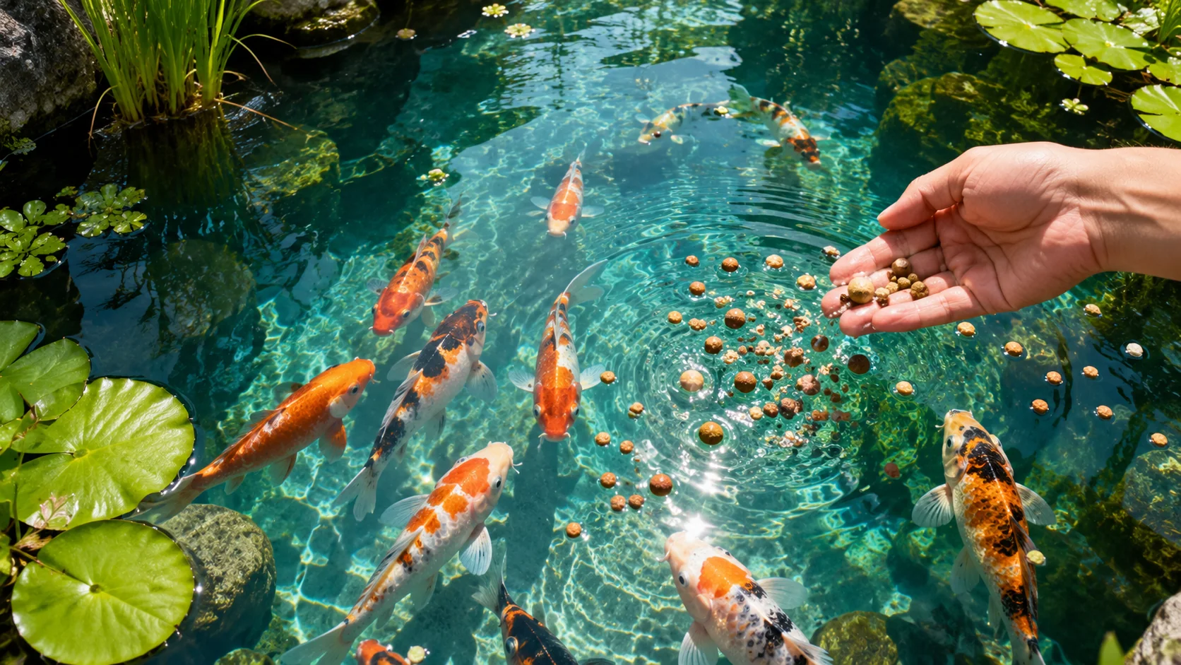Colorful koi fish swimming in pond with premium fish food pellets on water surface