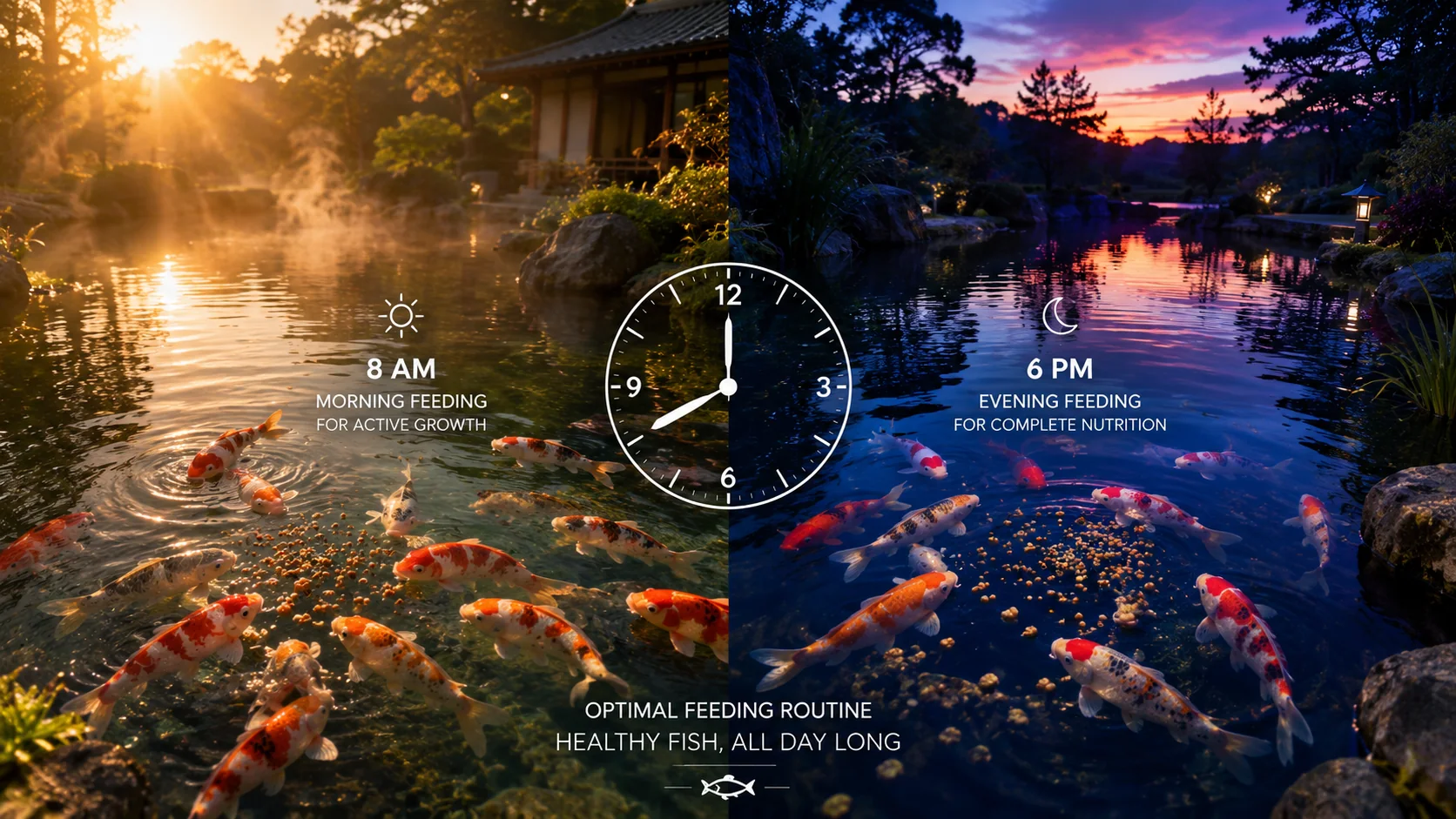 Split view of pond at morning and evening showing optimal fish feeding times