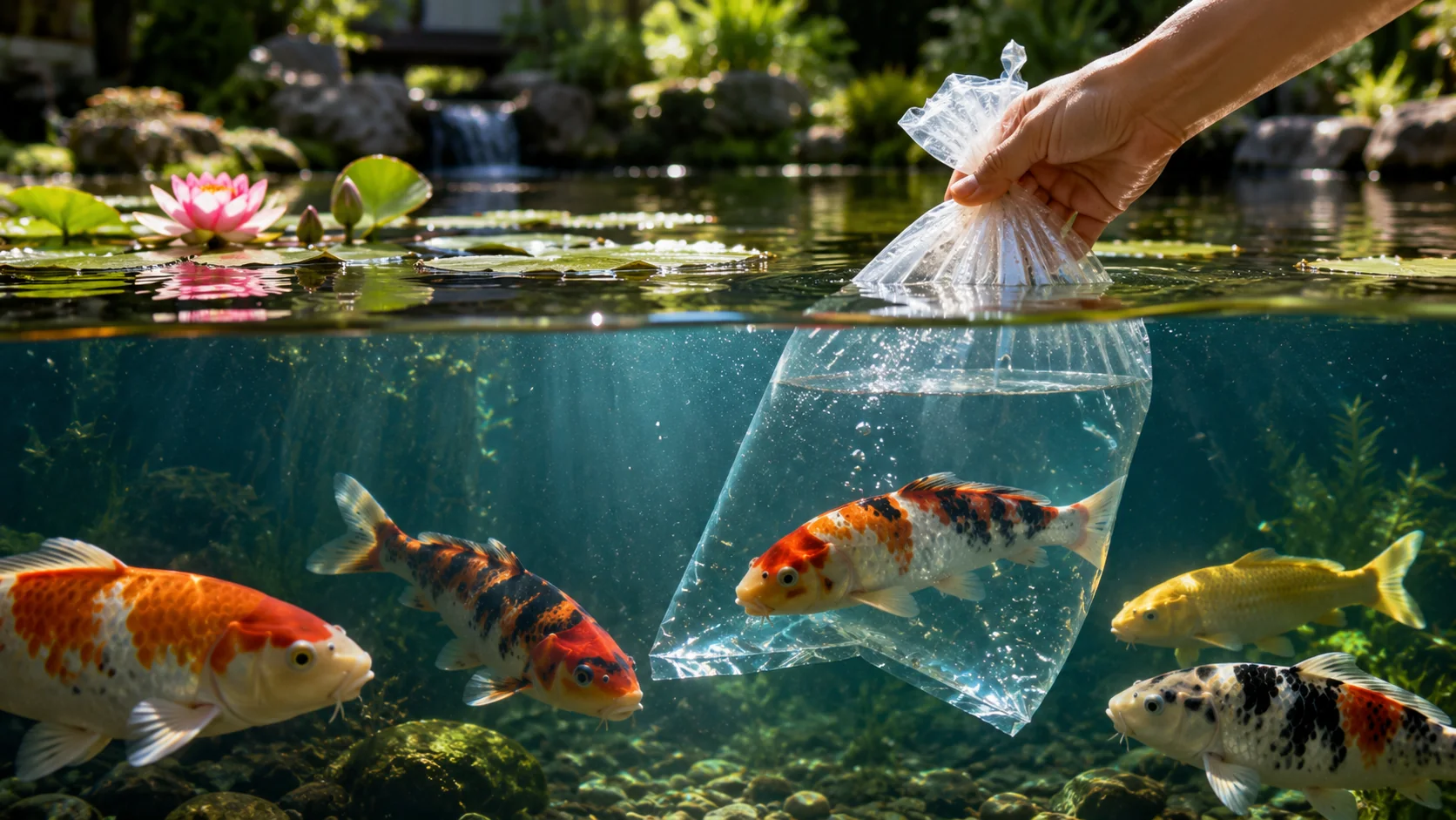 New koi fish in acclimation bag being introduced to pond with established fish community