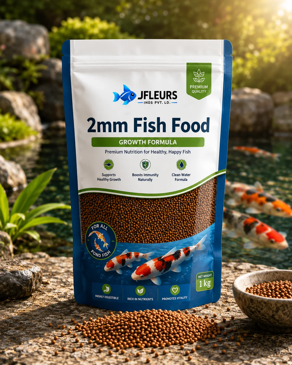 JFLEURS 2mm Floating Fish Food Pellets for Medium Pond Fish